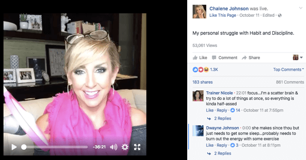 Post di video di Facebook Live sulla pagina Facebook di Chalene.