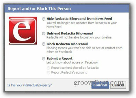 rapporto di Facebook - opzioni di blocco