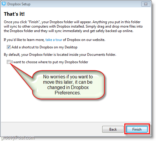 Schermata di Dropbox: regola le preferenze finali e modifica la posizione del dropbox