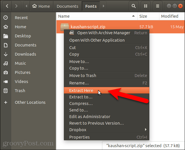 Estrai il file del font in Nautilus in Ubuntu