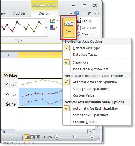cambia l'asse delle sparkline in Excel 2010