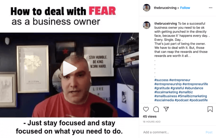 Bruce Irving Instagram post su come affrontare la paura come imprenditore