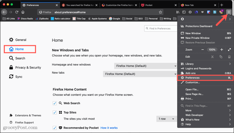Home page delle preferenze di Firefox su Mac