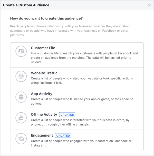 Opzioni per la creazione di un pubblico personalizzato di Facebook