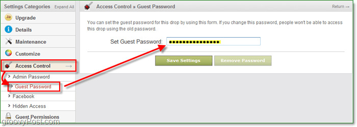 come cambiare la password dell'ospite drop.io