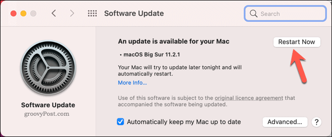 Riavvio di un Mac per iniziare un aggiornamento di sistema