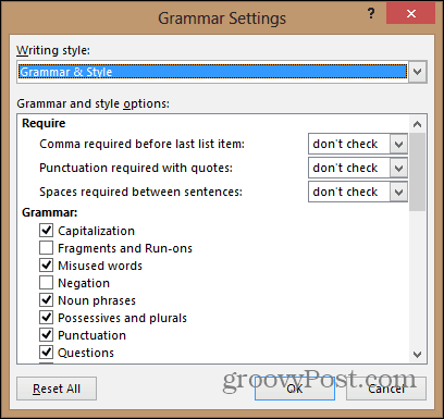 word 2013 configura il menu delle impostazioni grammaticali