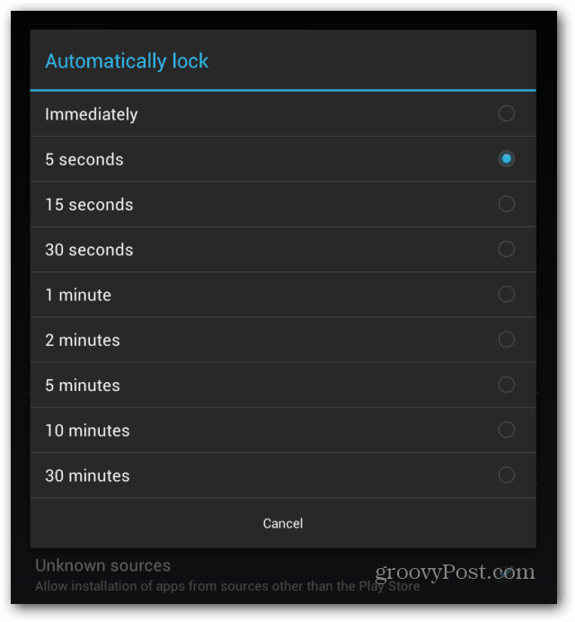 La schermata di blocco di Goggle Nexus 7 blocca automaticamente l'intervallo
