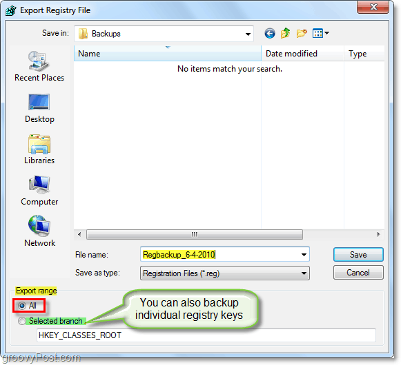 salva il backup del registro in Windows 7 e Vista