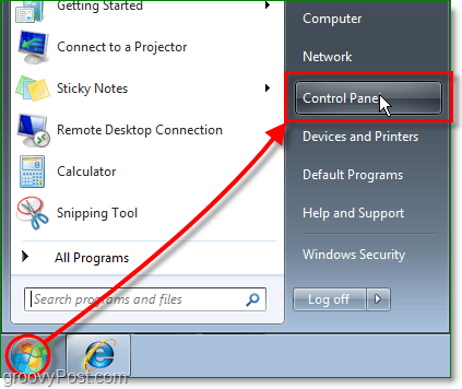 Fai clic sul menu Start Orb, quindi fai clic sul pannello di controllo in Windows 7