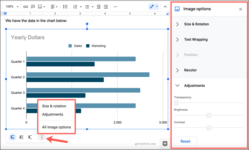 Opzioni immagine grafico in Google Docs