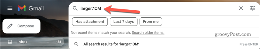 Esecuzione di una ricerca più grande: cerca nella barra di ricerca di Gmail