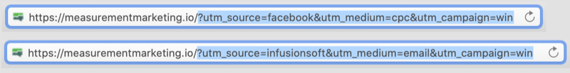 esempio di URL con tag utm codificati con la porzione utm degli URL evidenziata mostrando facebook / cpc e infusionsoft / email come parametri per la campagna di vittoria