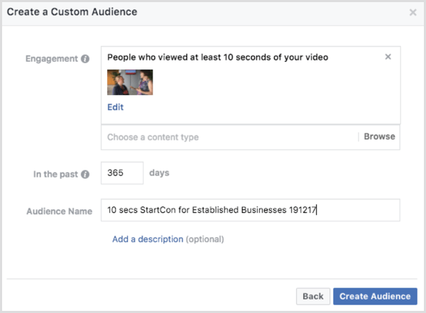 Pubblico personalizzato di coinvolgimento video di Facebook