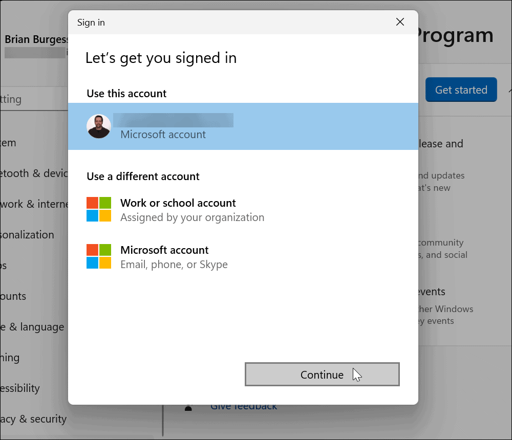 scegli un account Microsoft