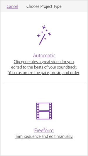 Seleziona Automatico per fare in modo che Adobe Premiere Clip crei un video per te.