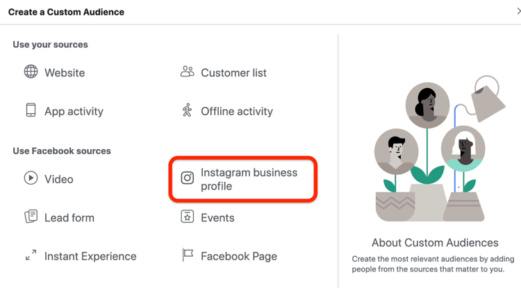 Opzione Profilo aziendale Instagram selezionata nella finestra di dialogo Crea un pubblico personalizzato