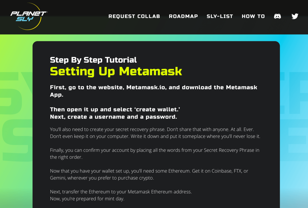 immagine del tutorial Metamask sul sito Web PlanetSLY
