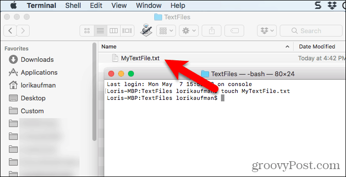 File di testo creato utilizzando il comando touch in Terminale su Mac