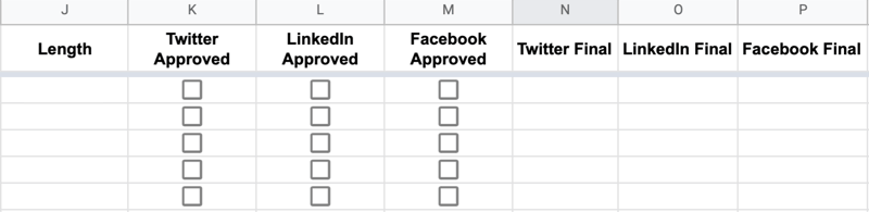 esempio continuo di intestazioni di fogli google etichettate lunghezza, approvazione twitter, approvazione linkedin, approvazione facebook, finale twitter, finale linkedin e finale facebook