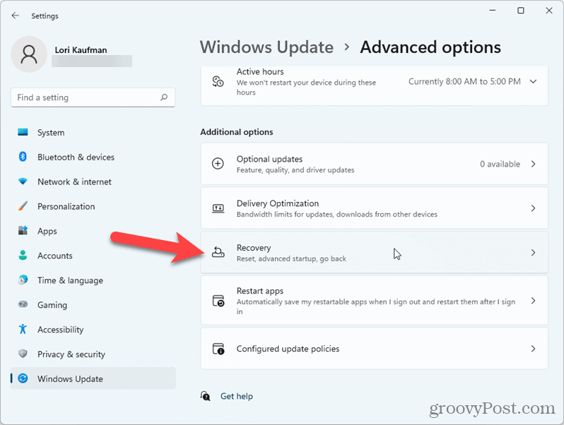 Fare clic su Ripristino in Impostazioni di Windows 11