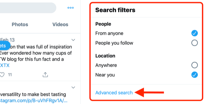 screenshot che mostra il collegamento di ricerca avanzata nella casella dei filtri di ricerca di Twitter