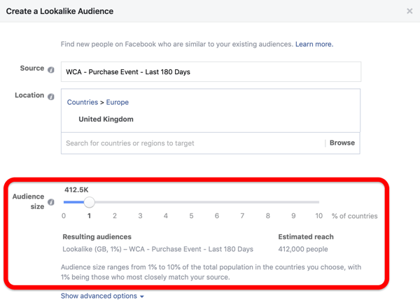Opzione dimensione del pubblico quando crei il tuo pubblico simile a Facebook dal tuo pubblico personalizzato.
