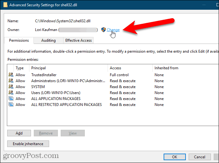 Fare clic su Cambia per il proprietario nella finestra di dialogo Impostazioni di sicurezza avanzate nell'editor del registro di Windows