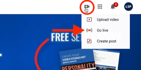 opzione del menu video di YouTube per attivare l'abilità di go live per il tuo canale
