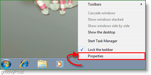 Proprietà di Windows 7 dalla schermata della barra delle applicazioni
