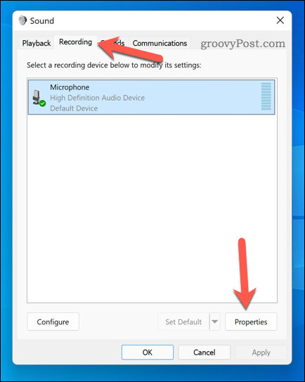 Apertura del menu delle proprietà del microfono su Windows 11