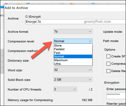 Opzioni di compressione dei file per un file di archivio 7zip in Windows 10