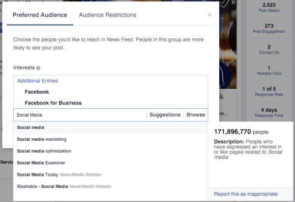 l'ottimizzazione del pubblico di Facebook ha preferito gli interessi del pubblico