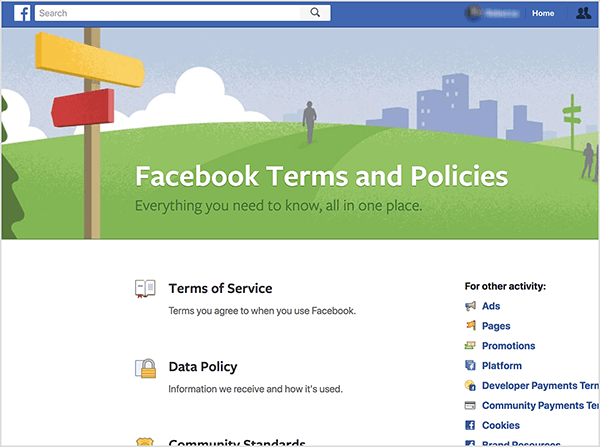 Questo è uno screenshot della pagina Termini e politiche di Facebook. Il sottotitolo è "Tutto ciò che devi sapere, tutto in un unico posto". In alto c
