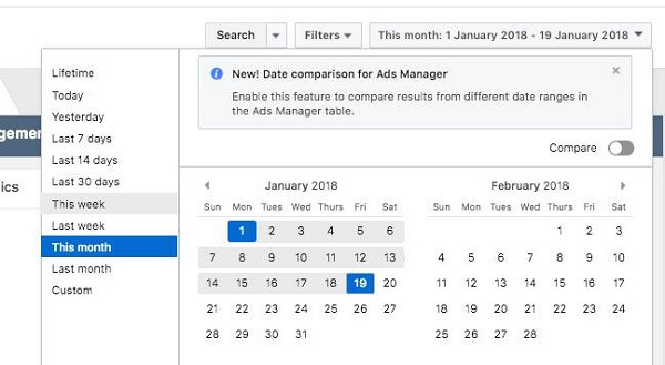 Facebook ha implementato due nuove funzionalità di reporting in Ads Manager, Date Comparison e Creative Reporting.