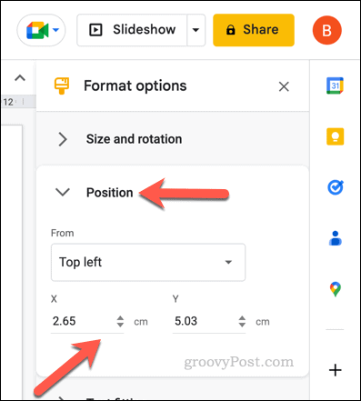 Modifica le opzioni di posizione per una tabella di Presentazioni Google