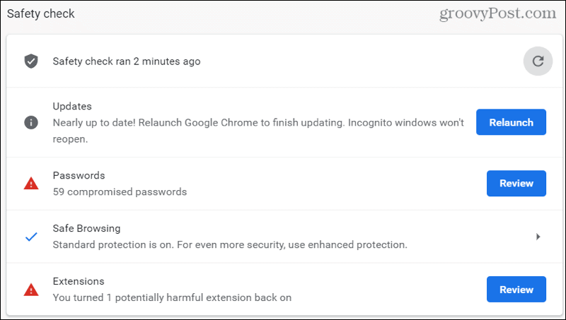 Risultati del controllo di sicurezza di Chrome