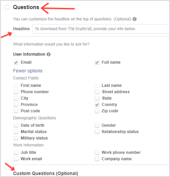 Domande di selezione dell'annuncio principale di Facebook