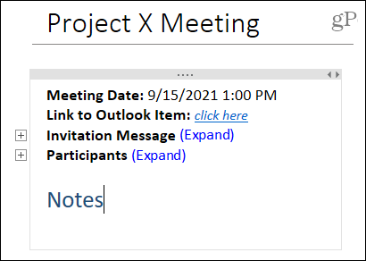 Dettagli della riunione in OneNote desktop