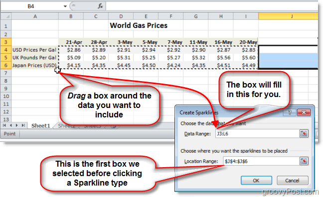 seleziona l'intervallo di dati per la tua sparkline excel 2010