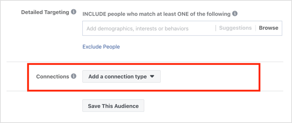Sezione Connessioni nella sezione Segmenti di pubblico della campagna pubblicitaria di Facebook.