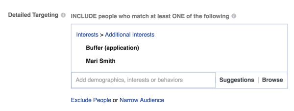Imposta opzioni di targeting specifiche in Facebook Ads Manager.