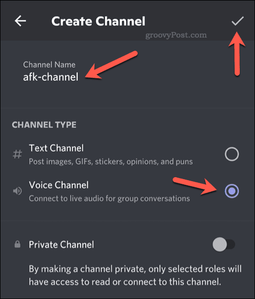 Impostazione delle opzioni per un nuovo canale vocale su Discord