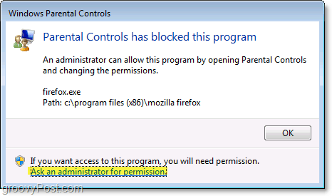 un pop-up verrà visualizzato in Windows 7 quando un criterio di controllo parentale lo sta bloccando