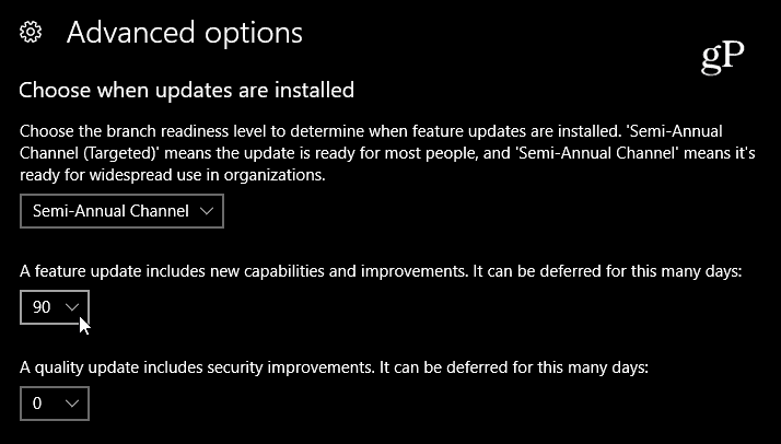 Seleziona il ritardo dell'aggiornamento delle funzionalità di Windows 10