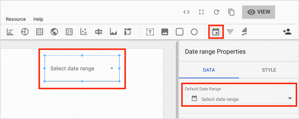 Fare clic sullo strumento Intervallo di date sulla barra degli strumenti e disegnare una casella nell'area del grafico in cui si desidera aggiungere il controllo.