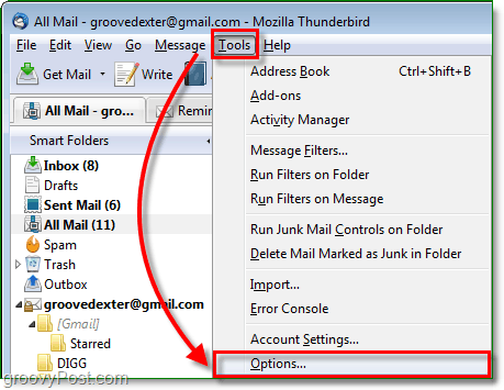 accedere al menu delle opzioni di thunderbird