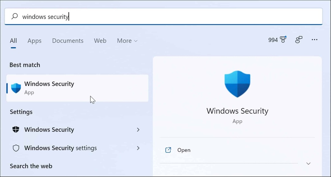 Avvio dell'app di sicurezza di Windows