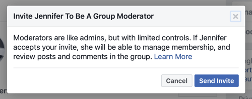 Come migliorare la community del tuo gruppo Facebook, esempio del messaggio Facebook quando un membro viene selezionato per essere un moderatore del gruppo