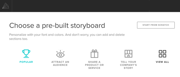 Opzione per selezionare un modello di storyboard in Animoto.